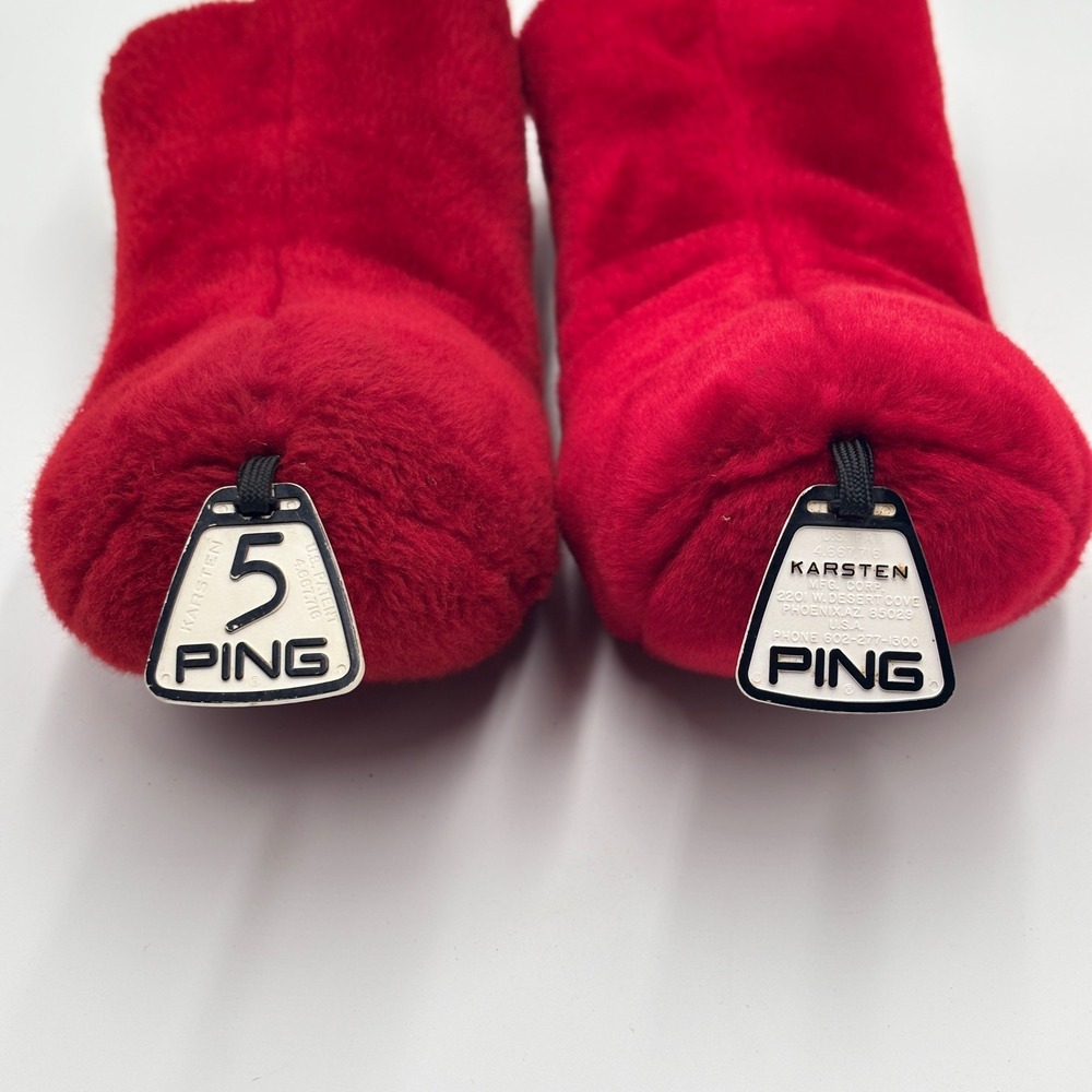 Vintage Ping Karsten Red Fuzzy Fur Golf Headcovers Set of 2 Plush 5 Wood Logo - Picture 3 of 3